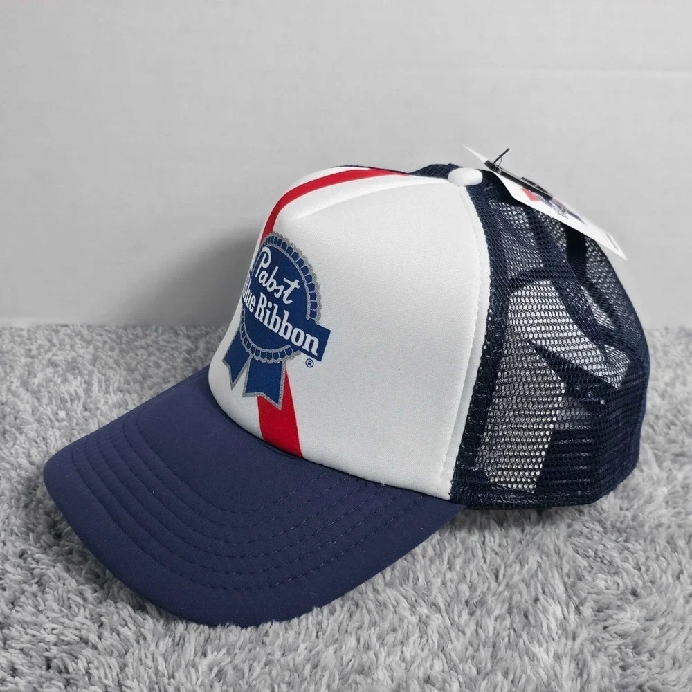 Pabst Blue‎ Ribbon PBR Beer Stripe Trucker Snapback Cap Hat Navy White Red NWT